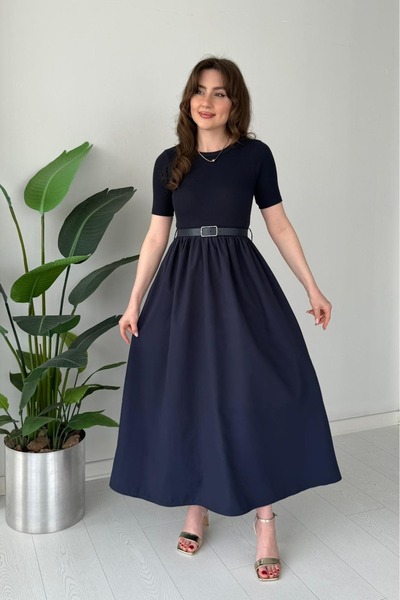 MaziButik Kısa Kol Kemerli Poplin Detay Elbise