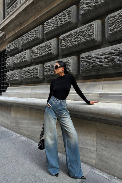 Asfaha Fashion بنطلون جينز نسائي واسع الساق بخصر مرتفع وتفاصيل نافذة مقطوعة ب...