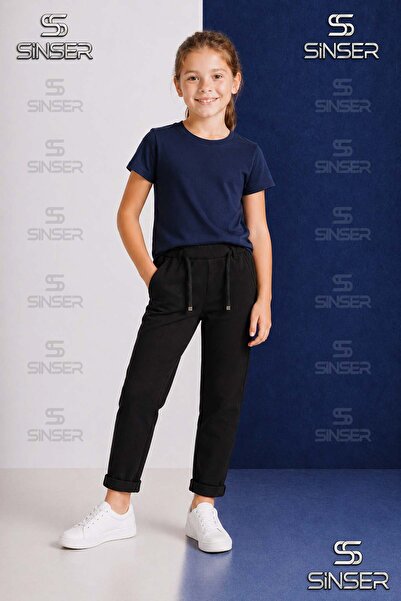 SS SİNSER Girls' Plain Trousers with Elastic Waist, Lycra, Folded Cuffs Style...