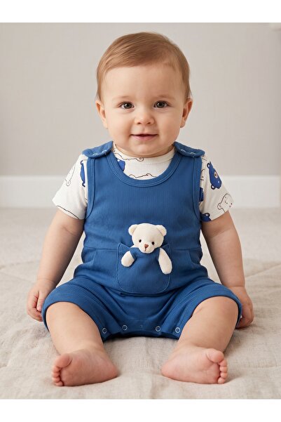 DaphKids Unisex Bebek Yazlık Salopet Tulum Seti – Ayıcıklı 3-6-9 Ay Bebek Tak...