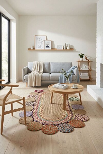 Comfort Craft Bohem Dairesel Motifli Hasır Görünümlü Oval Halı - Modern Salon...