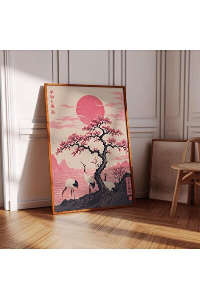 NinaStore Japon Turnası Posteri - Kiraz Çiçeği Ağacı - Kırmızı Güneş Duvar De...