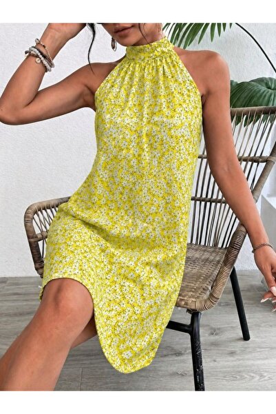 Generic Brand Women's Sleeveless Halter Neck Strap Patterned Midi Single Jers...