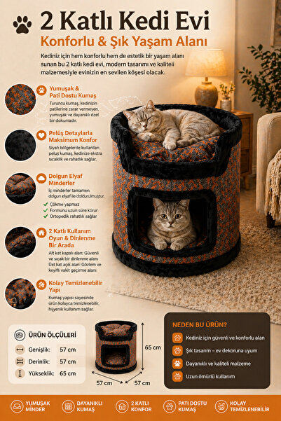 Meşe Home Miyusa 2 Katlı Kedi Evi – Modern, Konforlu ve Şık Kedi Yuvası