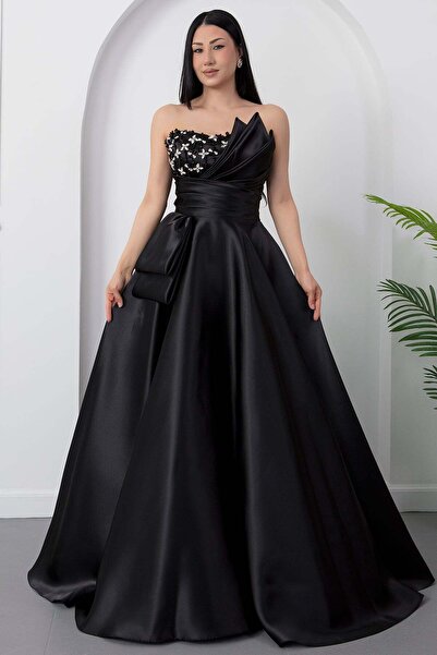 PULLIMM Strapless Neckline Satin Dress with Stones on the Chest Ecr5808