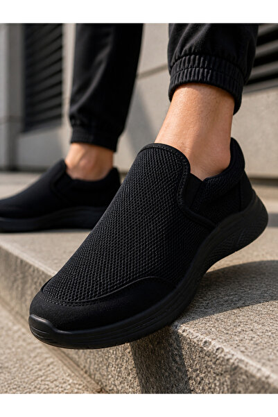 YUSE SHOES Siyah Triko Bağcıksız Hava Alabilen Spor Ayakkabı - Hafif Taban Günlük Yürüyüş Erkek Ayakkabısı