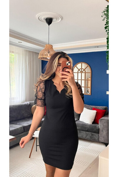Efnaz style Women's Short Sleeve Lace V-Neck Imported Crepe Dress with Shirre...