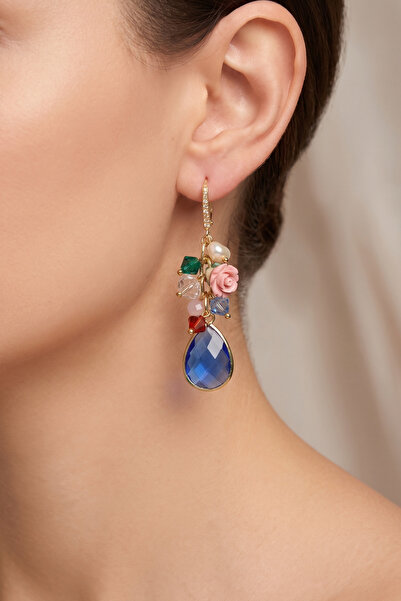 PETEK AKSESUAR Rose Crystal Earrings with Drop Crystal Stones 5.5 Cm.