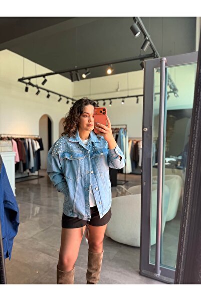 BÜŞRA PERKER Stone Denim Design Double-Breasted Denim Jacket