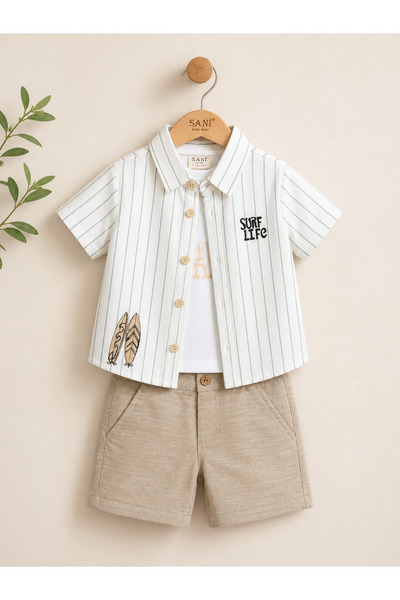 Sani Surf Premium Linen Shirt & Linen Shorts Boys' Set 3Rd Set (Green Striped)