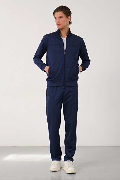 Lavix Navy Blue Men's Tracksuit Set Zippered Stand Collar Top Regular Fit Spo...
