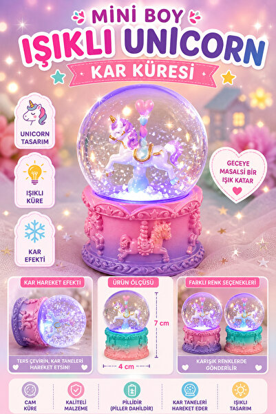 Tamsena Store Mini Boy Işıklı Unicorn Kar Küresi Renkli Dekoratif Işıklı Kar ...