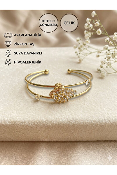 enyessaccessory Elegant Swan Zircon Stone Steel Handcuff Bracelet