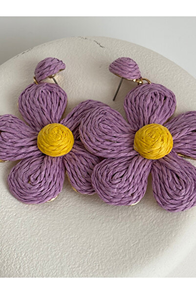 BHR AKSESUAR Mor Sarı Çiçek Hasır Küpe (7 cm)