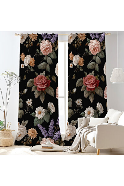 Siyah Kahverengi Pembe Floral Desenli Kadife Görünümlü Salon Fon Perde