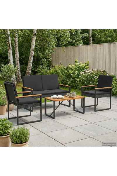 vidaxl Set de Mobilier pentru Exterior cu perna 4 pcs Negru poliratan