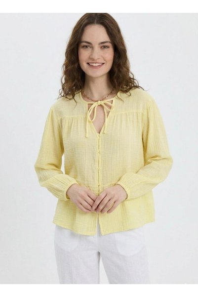 Butik Una Fiaba, Linen Yellow Oversize Women's Muslin Shirt with Elastic Sleeves