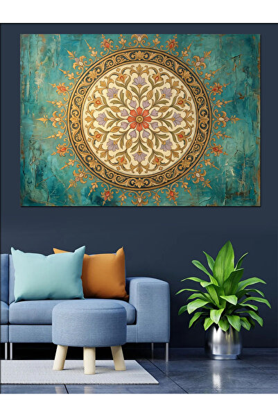 Artmeg Pânză decorativă Mandala aurie pe fundal turcoaz - Masă din lemn MDF