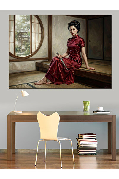 Artmeg Femeie asiatică elegantă în rochie roșie Pânză decorativă - Tablou din...