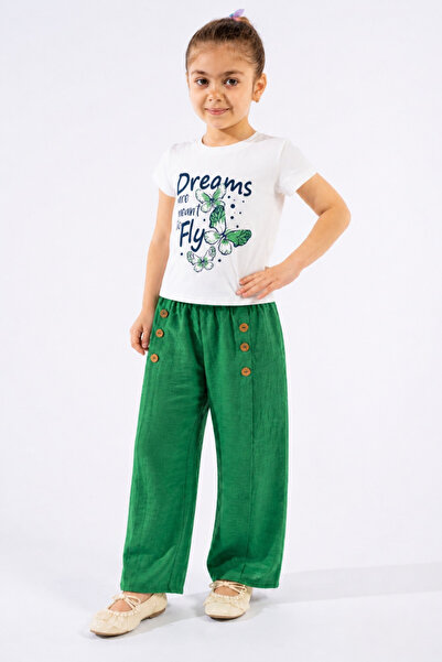 BABY SPORT Girl's Printed T-Shirt and Button Detailed Wide-Leg Pants Set Comf...