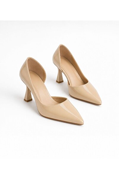 KM shoes Women's Beige Patent Leather Stiletto Thin Heeled Pointed Toe Stylis...