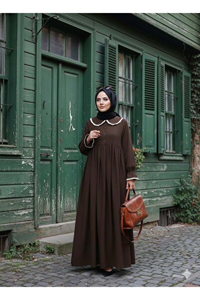 Marka Belora Dantelli Bebe Yaka Elbise Kahverengi