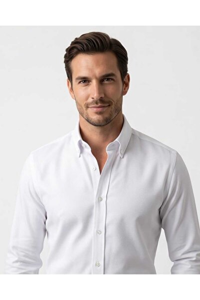 Özeniş Erkek Cepsiz Pamuklu Uzun Kollu Oxford Kumaş Slim Fit Gömlek