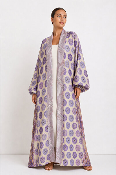 Marever Fashion Mor Lila Brokar Kaftan – Keten Karışımlı, Oversize Kesim, Pre...