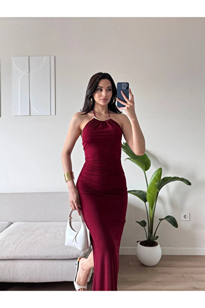 Zoom Butik Halter Yaka Aksesuarlı Elbise - BORDO
