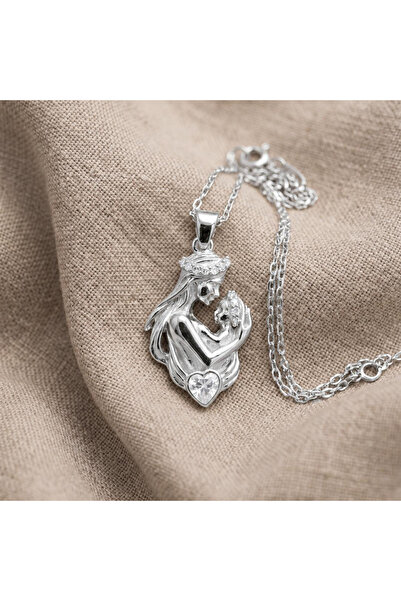 Silvano Jewelry 925 Ayar Gümüş Kalp Taşlı Anne Bebek Kolye
