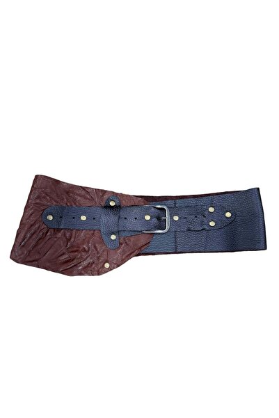 Yılday Gür Butik ألينا جلد متجعد ثنائي اللون بلون بني غامق - حزام جلدي بتصميم...