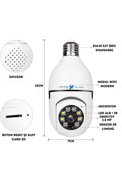 NITOPLAY Camera de Supraveghere Nitoplay® Q3 PRO, Montare in Dulie E27, 3MP, 2K, Wifi 2,4 & 5 GHz, Vedere Nocturna, Detectare Miscare, LED, Audio Bidirectional, Rotire din Aplicatie, Compatibila iOS/Android