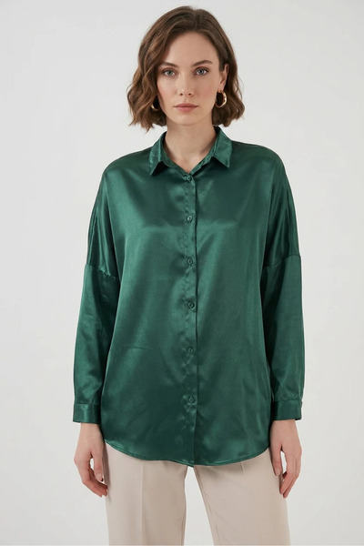 Generic Brand Women's Oversize Cut Satin Emerald Green Shirt