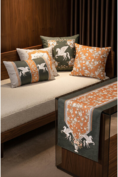 CANİLA Pegasus Patterned 4 Throw Pillows 1 Runner 5-Piece Set Throw Pillow Se...