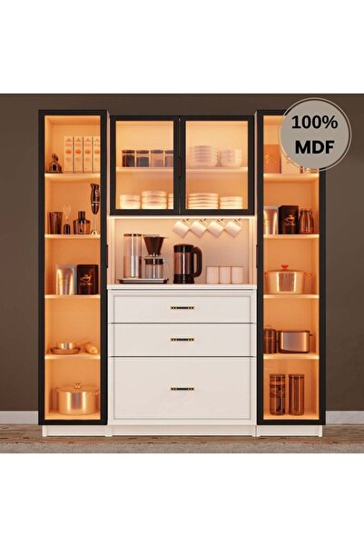 comiet Kardelen Mdf Kahve Köşesi Dolabı 4 kapak Çekmeceli Işıklı