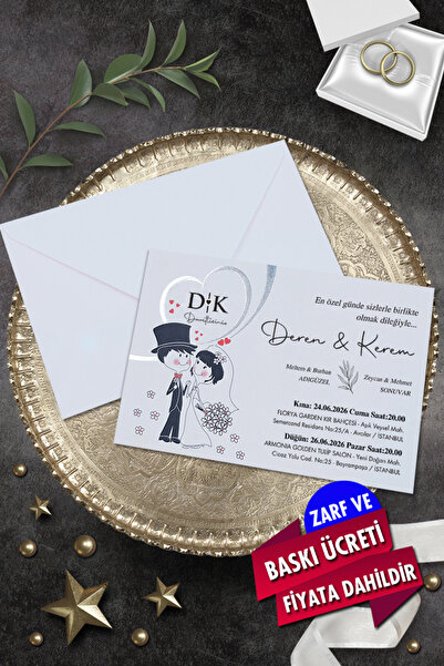 Cem Davetiye Düğün Nişan Nikah Kına Davetiyesi 3248 (100 ADET) Baskı Dahil