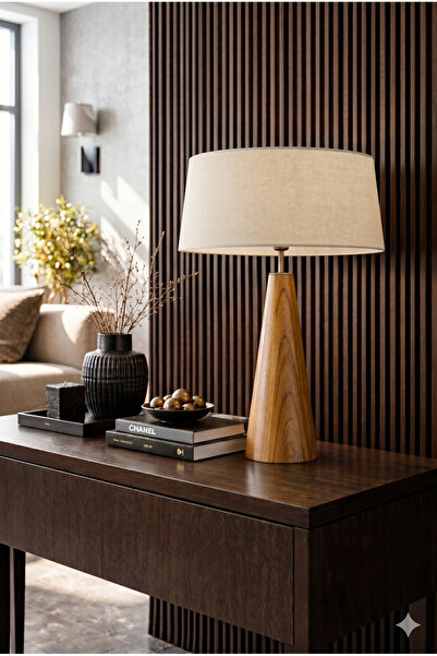 Vinner Belfort Luxury Medium Teak Renk Ahşap Abajur – Keten Şapkalı Modern Ma...