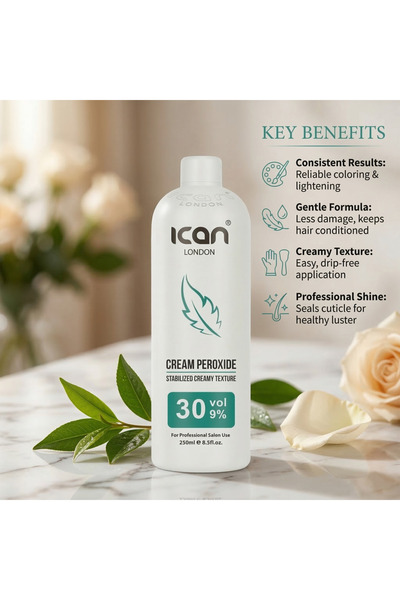 Ican London Professional Cream Peroxide 30 Vol 9% (250ml) – Hair Developer Cream | Salon Grade Oxidizing Emulsion for Strong Hair Color Lift & Bleaching