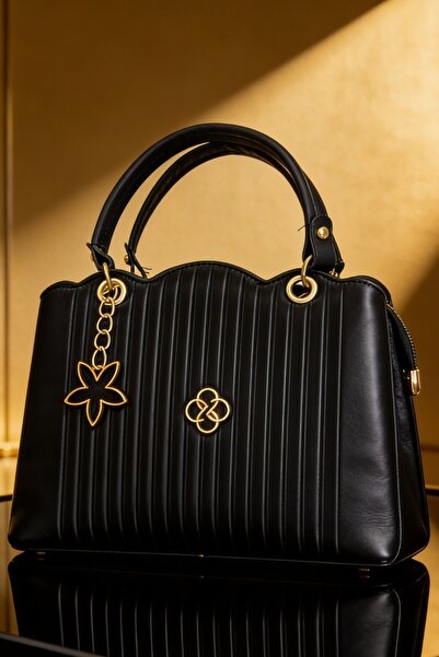 ents Black Women's Hand and Shoulder Bag Quilted Bag with Gold Flower Accesso...