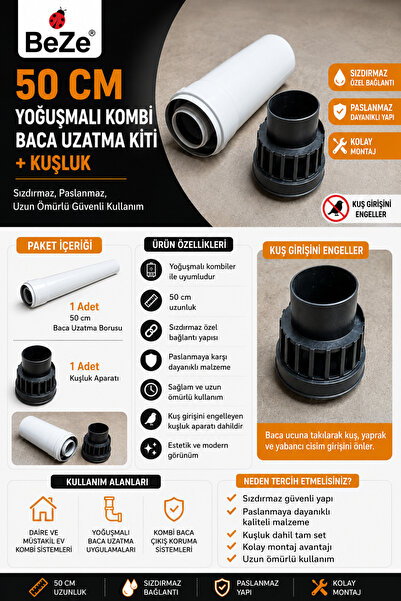 BEZE 100 CM ve 50 CM Yoğuşmalı / Hermetik Kombi Baca Uzatma Kitleri + Kuşluk ...