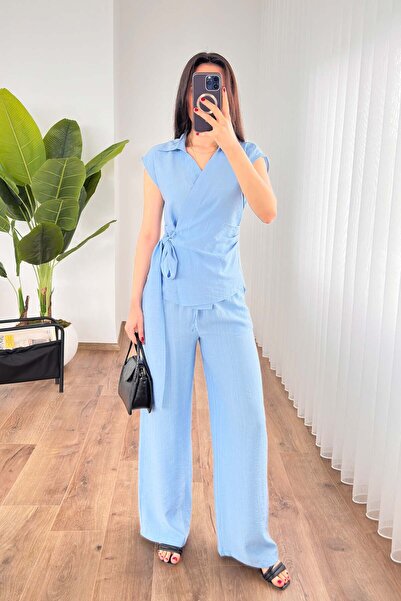 Hipo Trend Beli Belted Blouse Pants Baby Blue Set