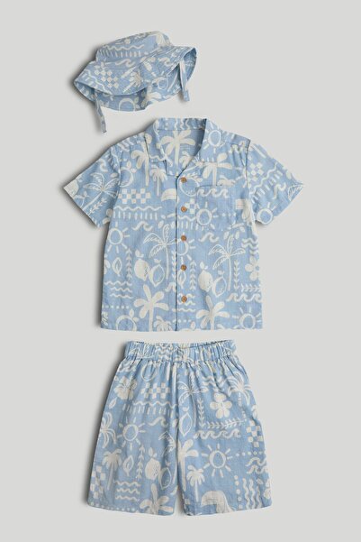 MOTHERCARE طقم قميص أزرق وشورت وقبعة