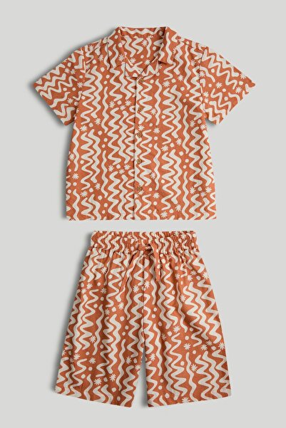 MOTHERCARE طقم قميص وشورت مطبوع باللون البني