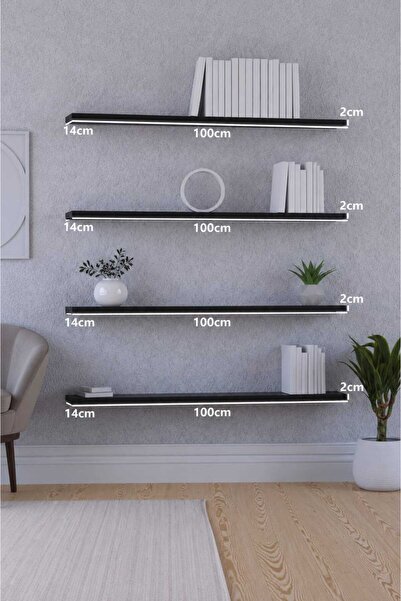yankı-byeg 100 Cm 4lü Mat Siyah Mdf Uçan Duvar Rafı Gizli Bağlantı Kitaplık