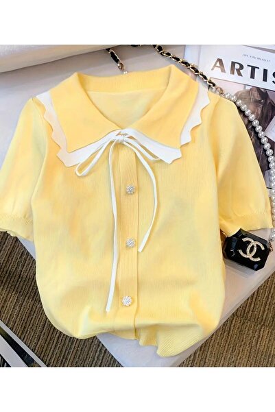 miyoshi Bebe Yaka Triko Fiyonk Bağlamalı Düğme Detaylı Tshirt