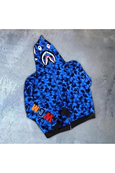 Genel Markalar Unisex 2 İplik Bape Kapüşonu Fermuarlı Hırka - Mavi