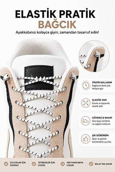 AiryFooT Yuvarlak Lastikli Klipsli Spor Ayakkabı Bağcığı 100 cm ( Beyaz Çizgi...