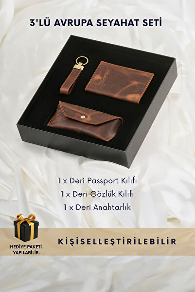 CüzCan Taba Hakiki Deri 3'lü Avrupa Seyahat Seti - Pasaport Kılıfı, Gözlük Kı...