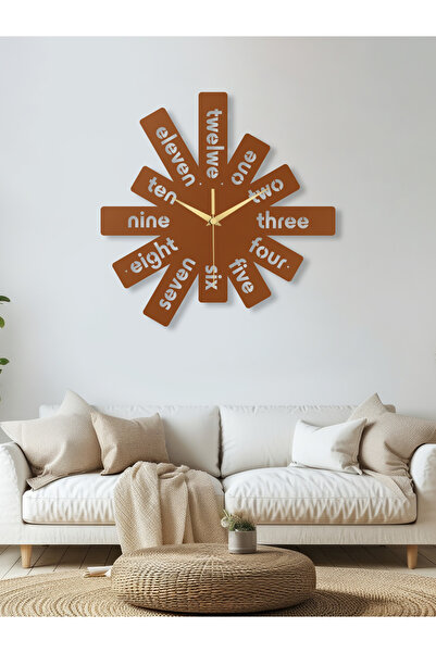 Enova Art İngilizce Yazılı Geometrik Metal Duvar Saati, Minimal Tasarım, Ev O...