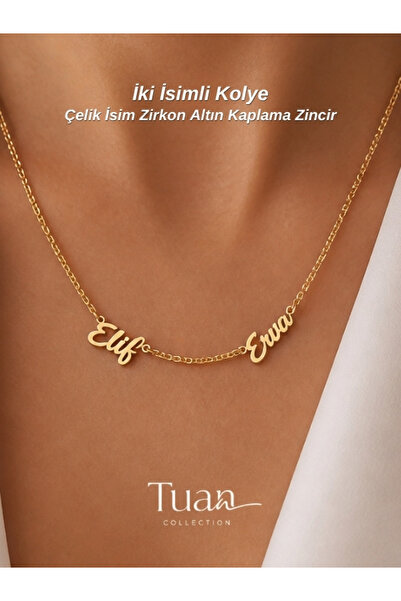 Tuan Collection قلادة اسم مزدوجة من الفولاذ مع سلسلة مطلية بالزركون بخط مائل ...